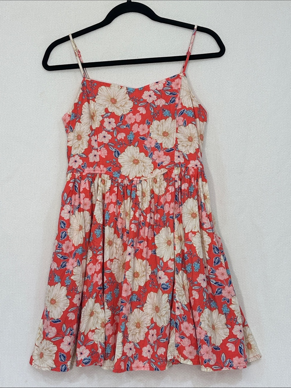 aerie Coral Floral Spaghetti-Strap Dress with Cream Flowers and Pockets